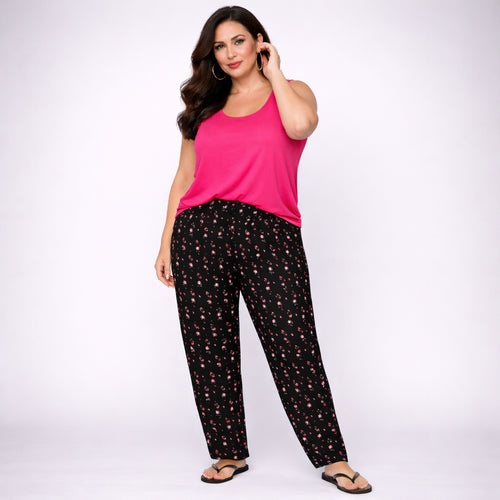 Black Pink Lime Elasticated Floral Soft Trousers