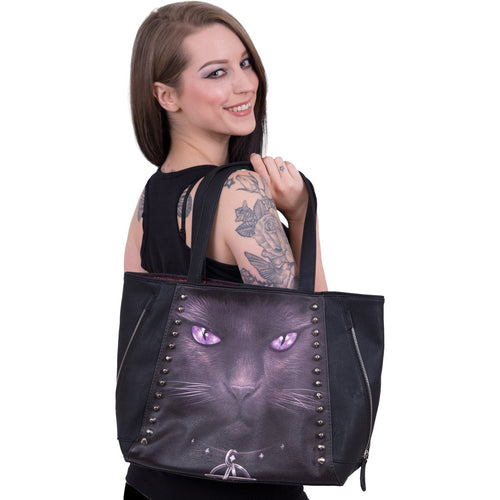 BLACK CAT Studded PU Leather Tote Bag