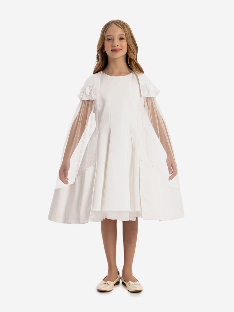 DRESS & Fleur Girls Dress with Removable Cape in White