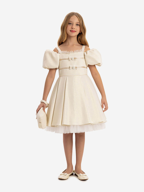 DRESS & Fleur Girls Puff Sleeve Dress with Bag in Beige