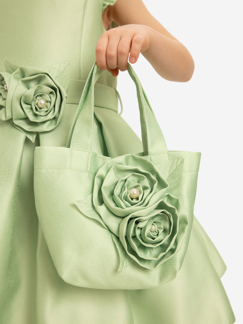 DRESS & Fleur Girls Dress with Matching Floral Bag in Green