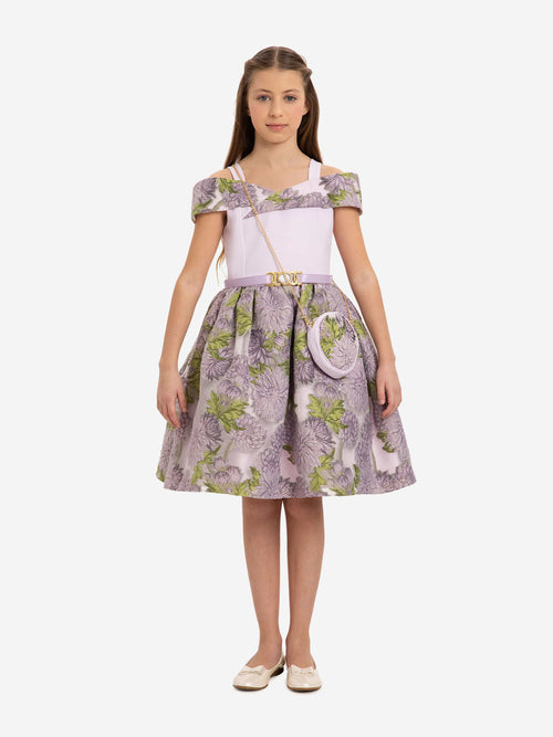 DRESS & Fleur Girls Jacquard Dress with Bag in Purple