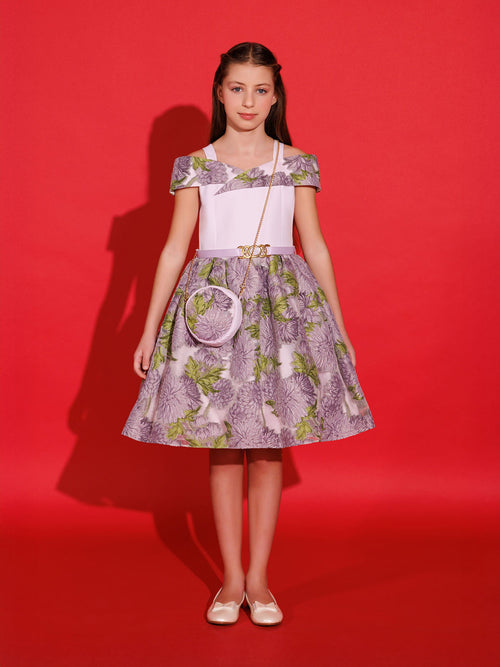 DRESS & Fleur Girls Jacquard Dress with Bag in Purple