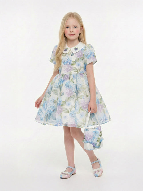 DRESS & Fleur Girls Floral Occasion Dress with Bag in Blue