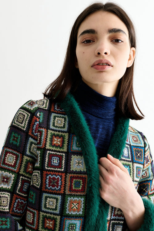 Delphia 70'S Patch Jacquard Fur Trim Coat – Multicoloured