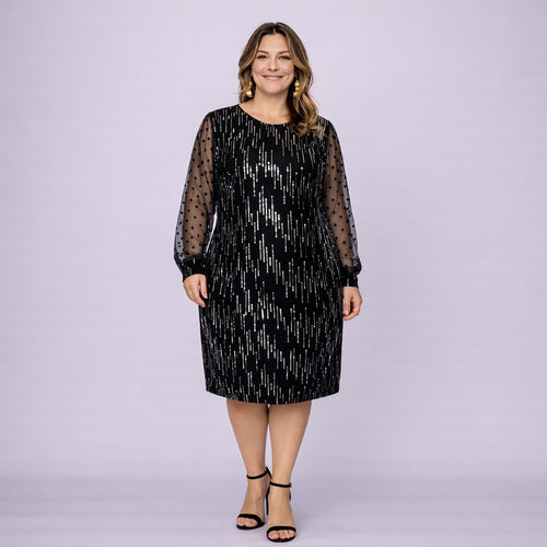 Cocktail Dress with Net Sleeves and Silver Sequins