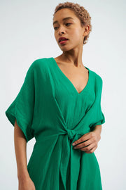Elody Double Gauze Tie Waist Midi Dress - Green