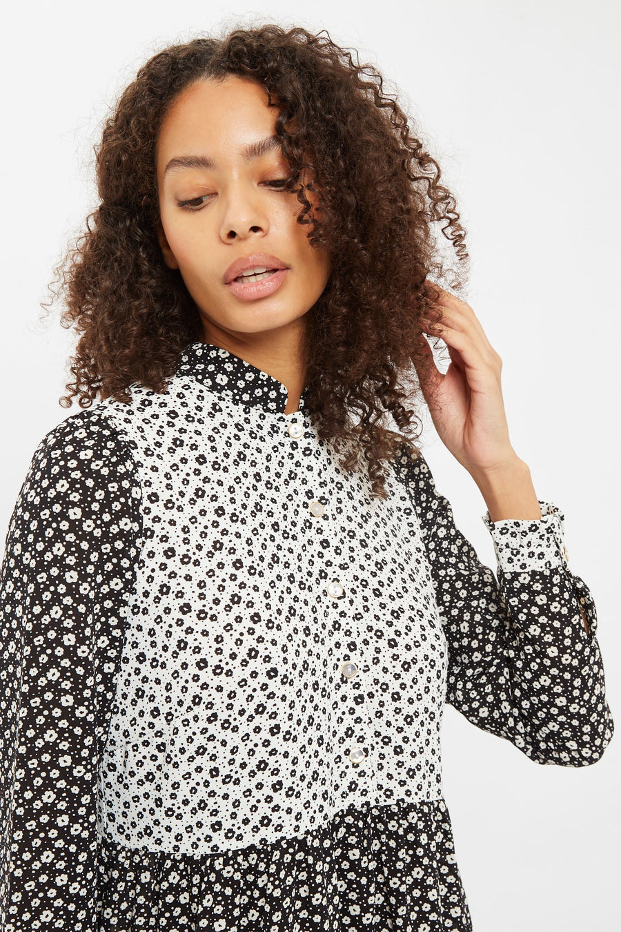 Louche Elsie Flower Spot Print Mix And Match Long Sleeve Tie Midi Dress