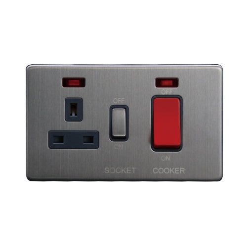 Caradok 45A DP Cooker Control Unit c/w Neon Brushed Chrome Grey Insert