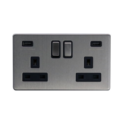 Caradok 2G 13A Switched Socket 2 USB A 3.1A Brushed Chrome Black