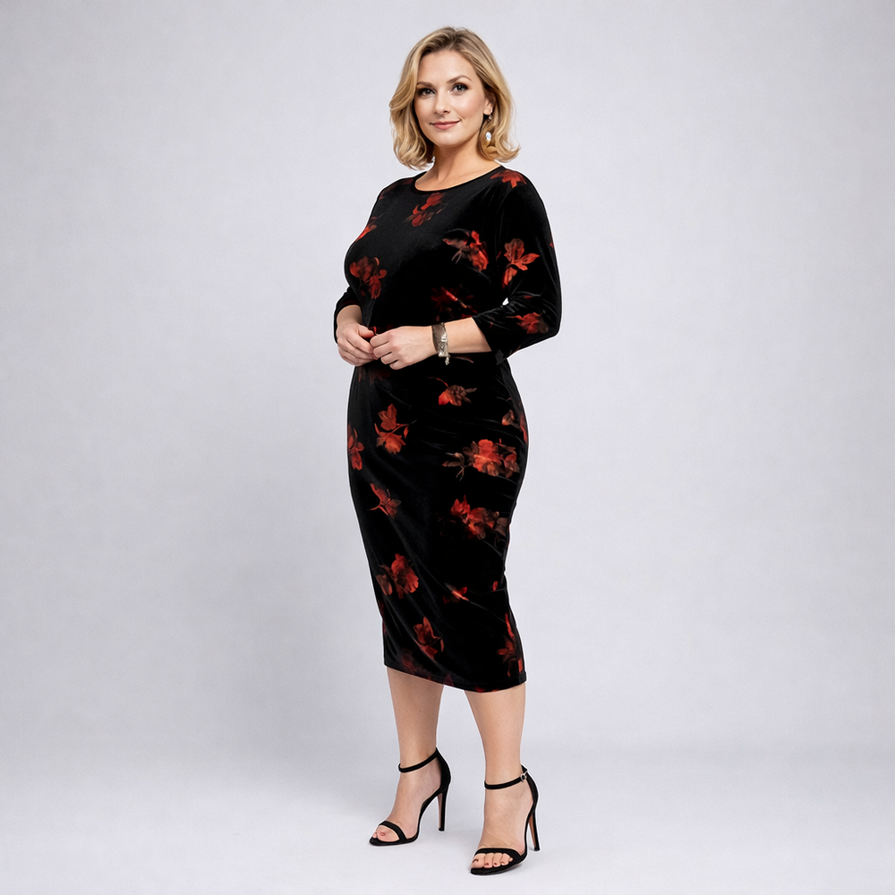 Black Red 3/4 Sleeve Stretch Velvet Midi Dress