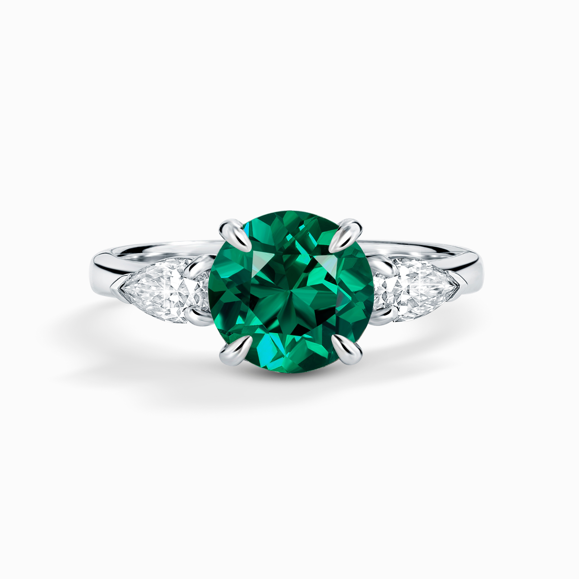 Emerald Round Cut Three Stone Engagement Ring in Sterling Silver