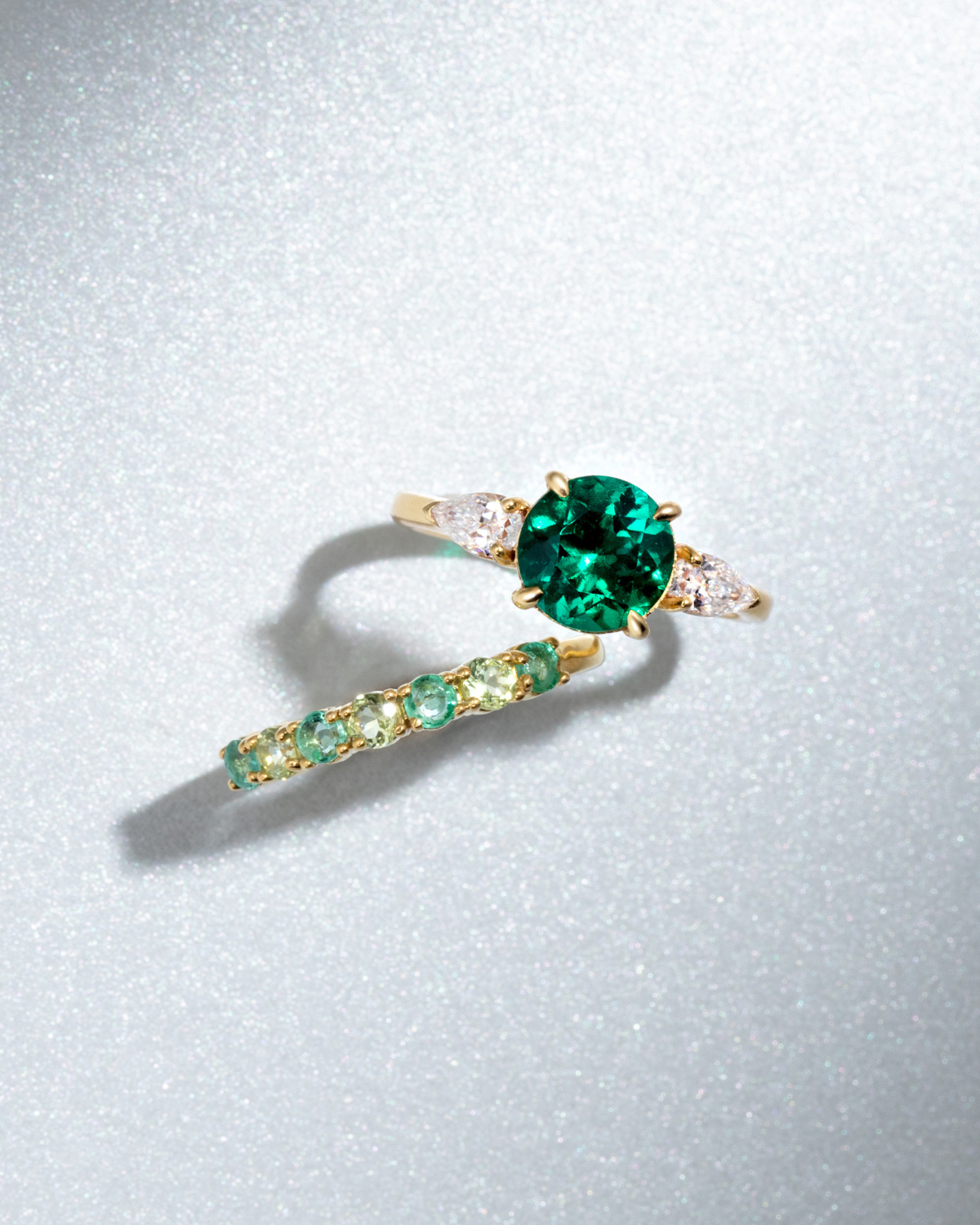 Emerald Round Cut Three Stone Engagement Ring in 18k Gold Vermeil