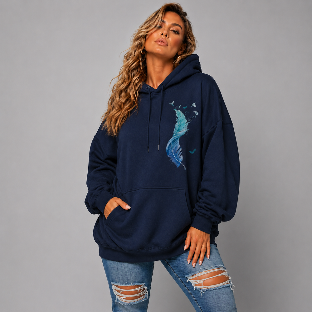 Cotton Hoodie Blue Feather Graphic