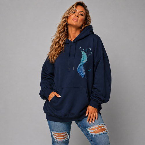 Cotton Hoodie Blue Feather Graphic