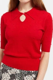 Louche Josephina Raindrops Textured Short Sleeve Collared Sweater Red