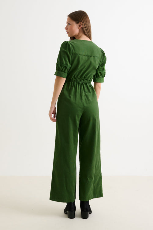 Finlay Babycord V Neck Ric Rac Trim Jumpsuit - Olive Green