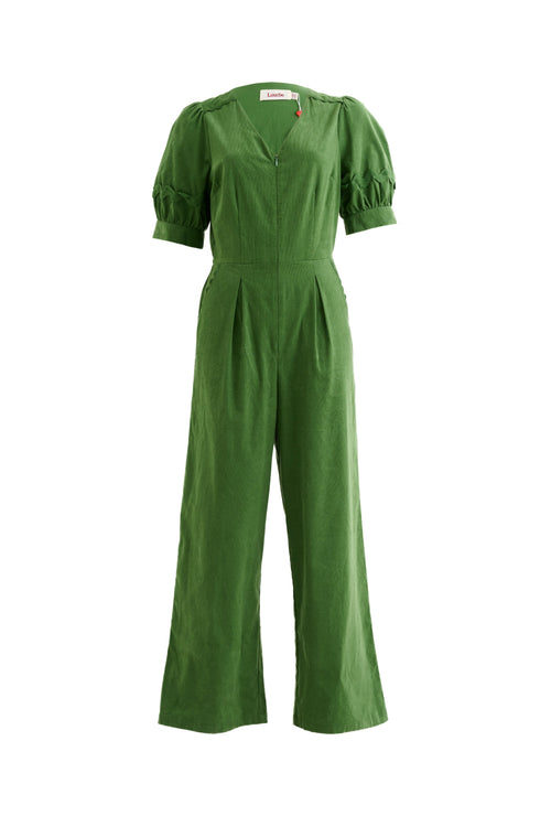 Finlay Babycord V Neck Ric Rac Trim Jumpsuit - Olive Green