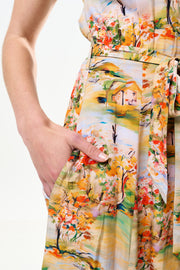 Fleur Oriental Landscape Print Midi Shirtdress - Yellow
