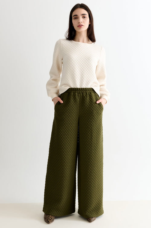 Flory Scallop Quilt Wide Leg Trouser - Moss Green