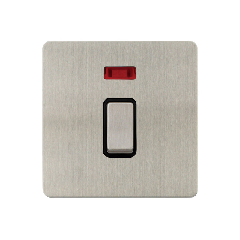 Caradok - The Ultra Flat - Brushed Chrome - FN201DME - 20A DP Switch c/w Neon Brushed Chrome, Black Insert