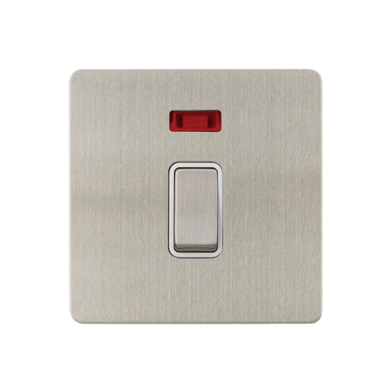 Caradok - The Ultra Flat - Brushed Chrome - FN201DMF - 20A DP Switch c/w Neon Brushed Chrome, White Insert