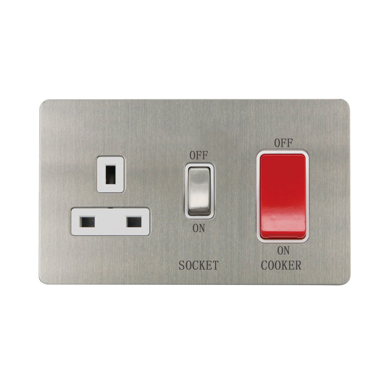 Caradok - The Ultra Flat - Brushed Chrome - FN208DMF - 45A Cooker Control Unit Brushed Chrome, White Insert