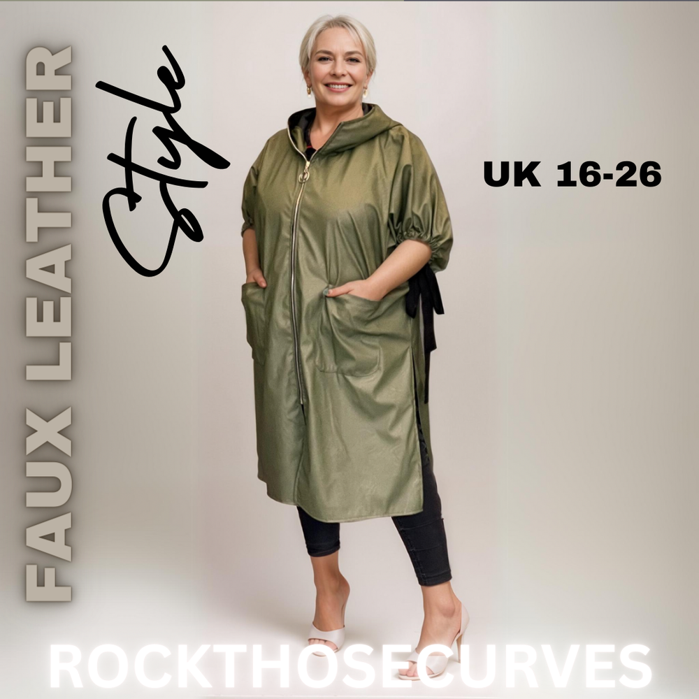 ROCKTHOSECURVES FAUX LEATHER LONG LENGTH COAT WITH SIDE SPLITS