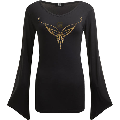 LOTR - ELVEN NECKLACE - V Neck Goth Sleeve Top Black