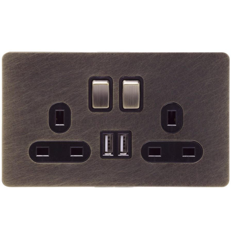 Caradok Screwless Antique Brass Socket - 2 Gang with Dual USB Charging Ports - The Georgian