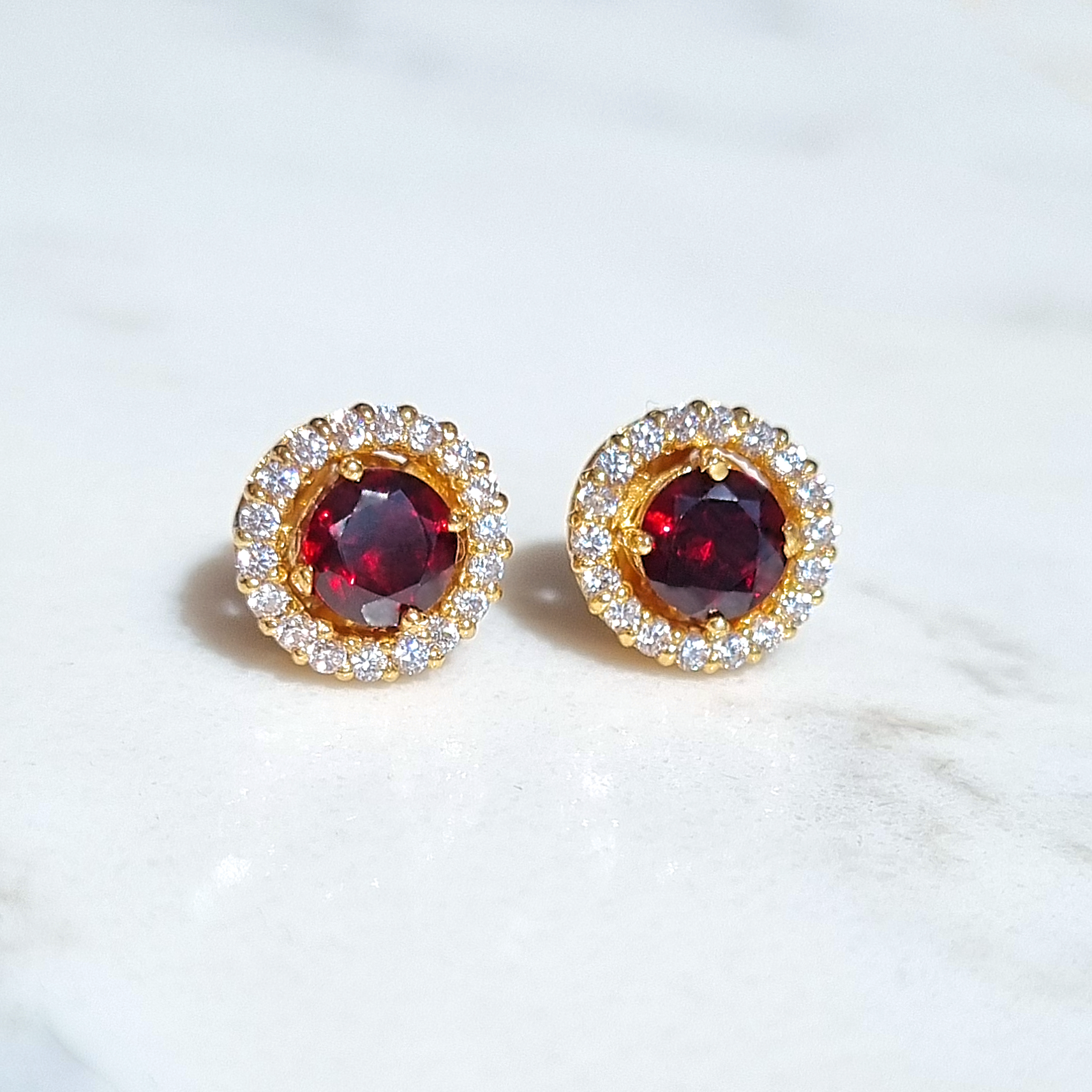 Garnet Halo Stud Earrings with Jackets in 18k Gold Vermeil