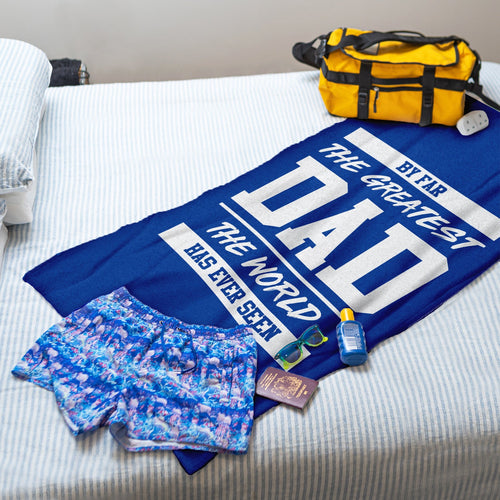 By Far The Greatest Dad - Blue - Lightweight, Microfibre Retro Beach Towel - 150cm x 75cm