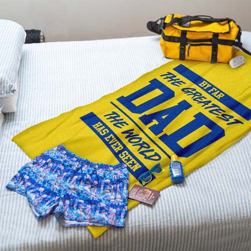 By Far The Greatest Dad - Yellow - Lightweight, Microfibre Retro Beach Towel - 150cm x 75cm