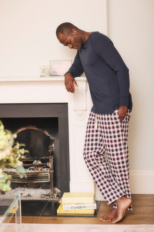 Mens Navy Long Sleeve Top and Navy & Red Check Bottoms Set