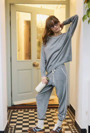 Silver Grey Marl Cashmere and Silk Sweatshirt with Ivory Contrast