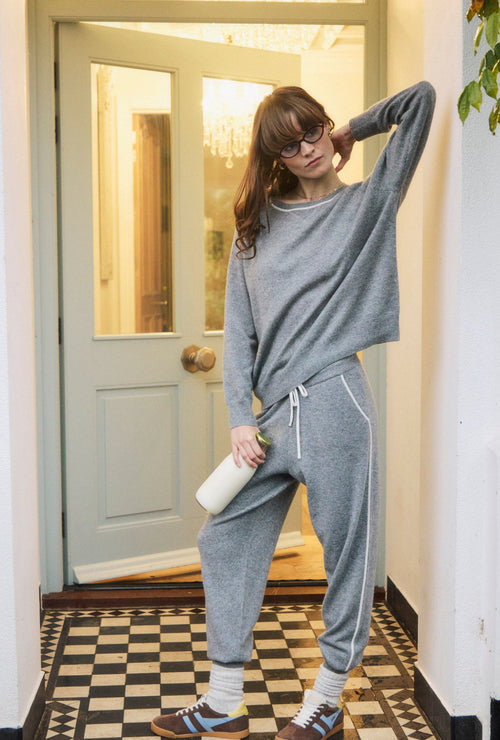 Silver Grey Marl Cashmere and Silk Sweatshirt with Ivory Contrast