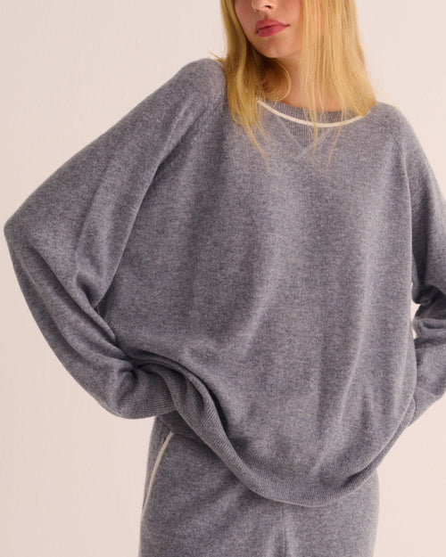 Silver Grey Marl Cashmere and Silk Sweatshirt with Ivory Contrast