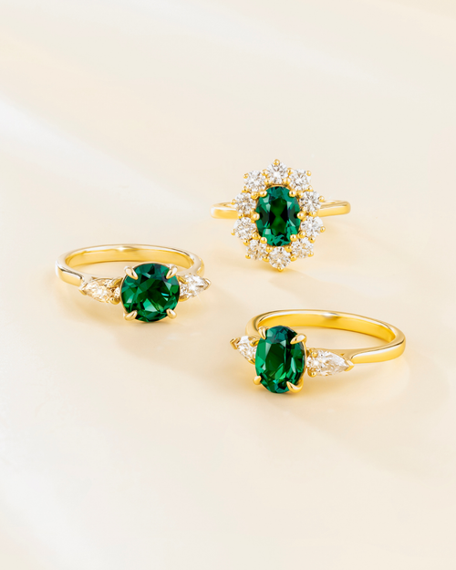 Emerald Round Cut Three Stone Engagement Ring in 18k Gold Vermeil