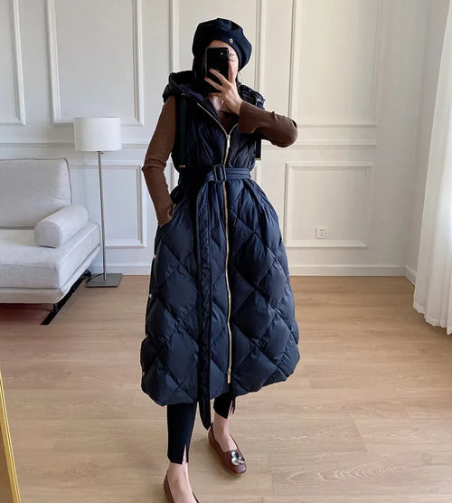 Luxury Women's Sleeveless down Vest Winter Warm Hooded Zipper Long Jacket with Belt Fashion Outerwear