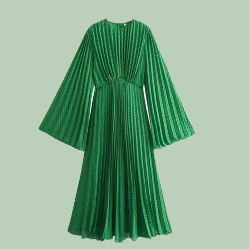 Crocheted Pleated Maxi Dress - Elegant Long Sleeve O-Neck Dress for Women