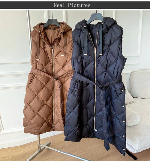Luxury Women's Sleeveless down Vest Winter Warm Hooded Zipper Long Jacket with Belt Fashion Outerwear