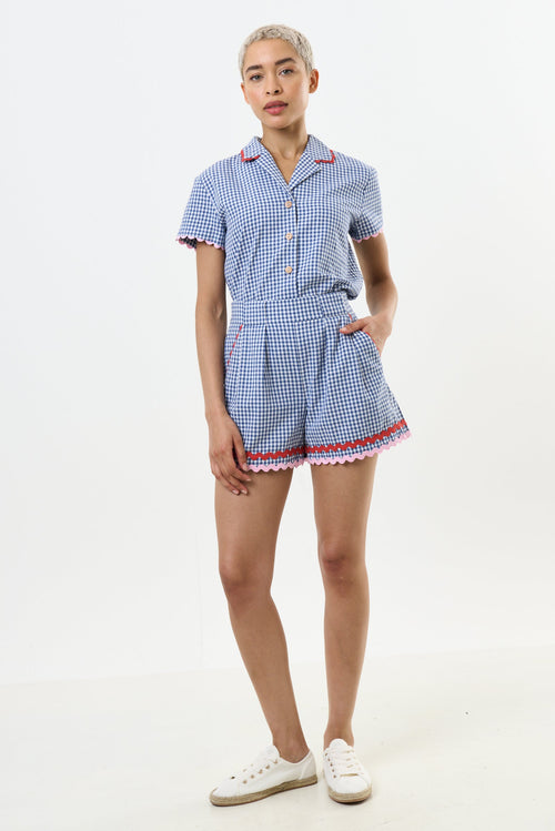 Hilton Gingham Ric Rac Trim Shorts - Blue