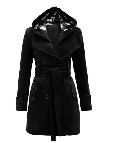Fashionable Women's Woolen Warm Fleece Double Breast Jacket With Belts