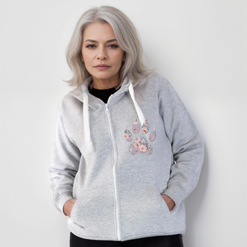 FLORAL PAW PRINT ZIP UP HOODIE