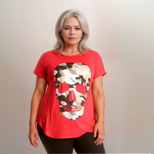 Dipped Hem Short Sleeve Glitter Skull T-Shirt