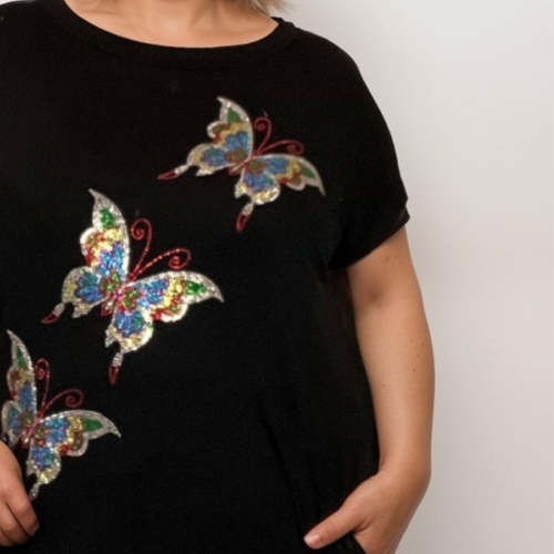 Sequin Butterfly Dipped Hem Top with Pockets