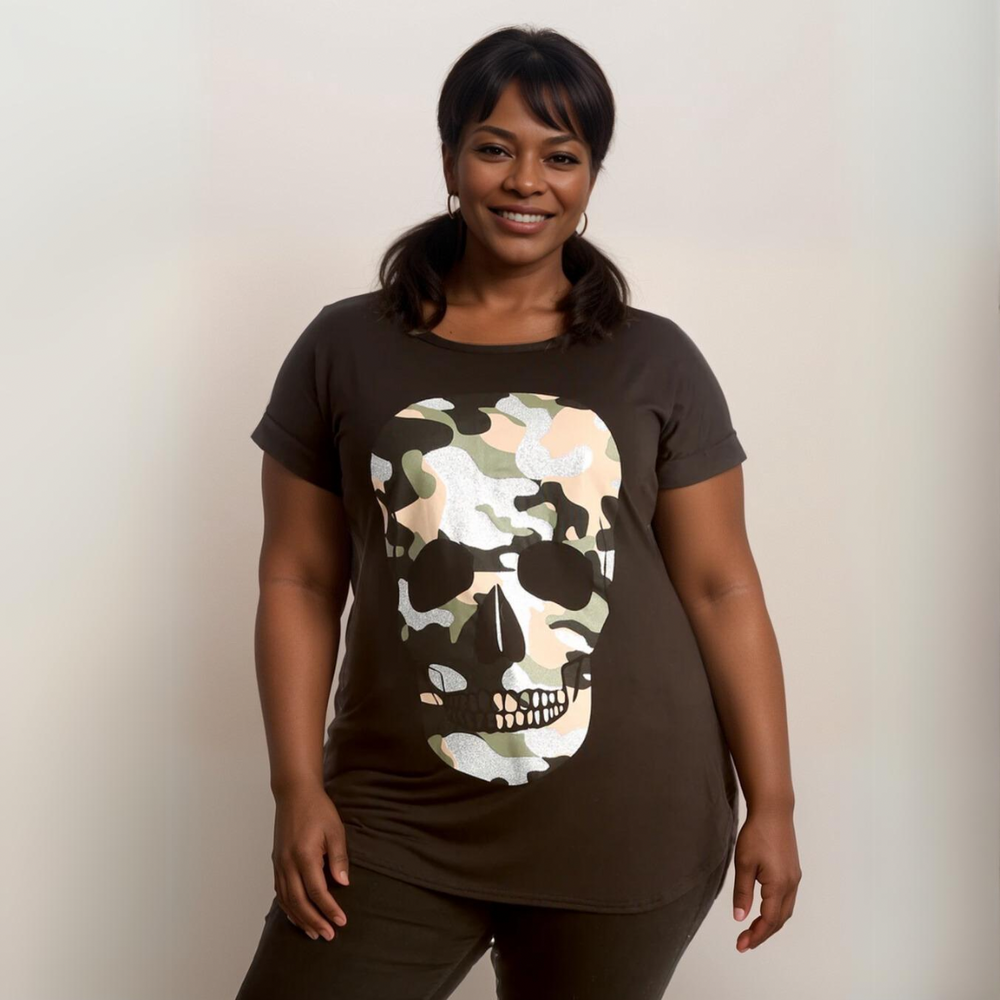 Dipped Hem Short Sleeve Glitter Skull T-Shirt