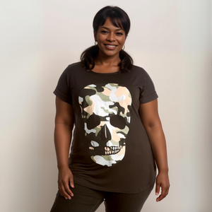 Dipped Hem Short Sleeve Glitter Skull T-Shirt
