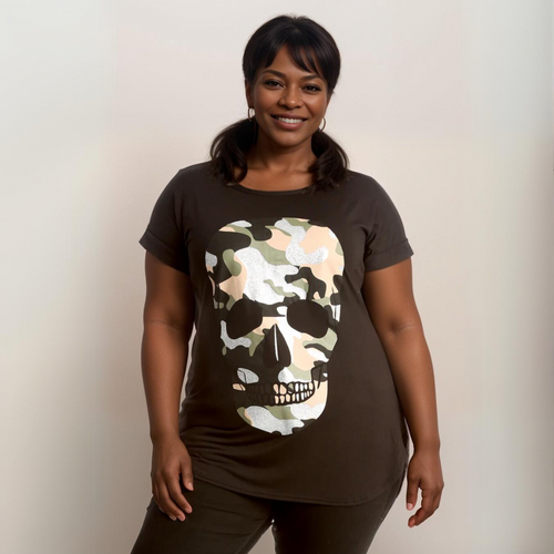 Dipped Hem Short Sleeve Glitter Skull T-Shirt