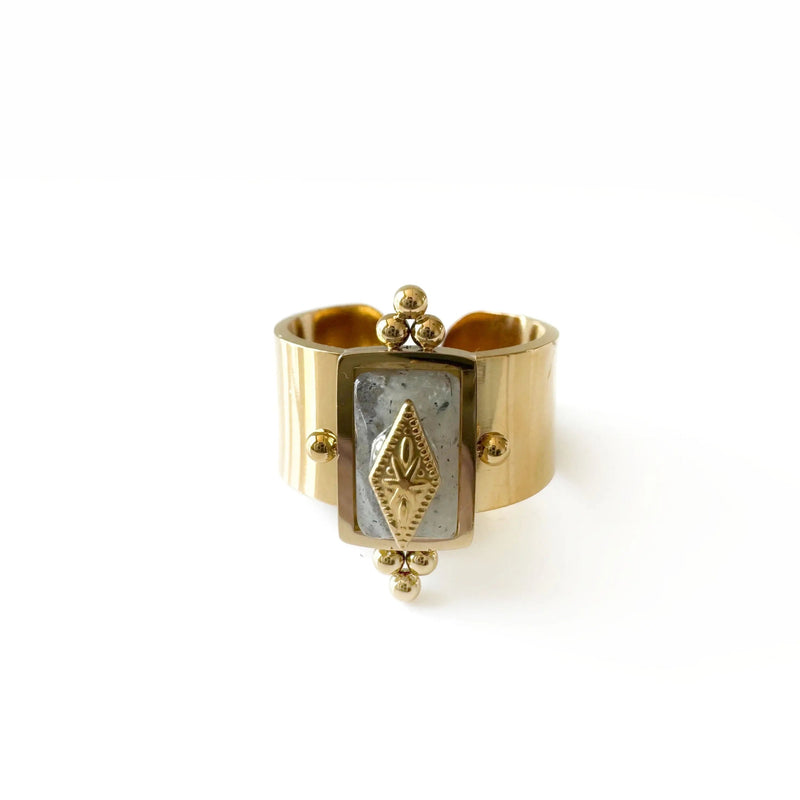 Luna Luxe 18k Gold Plated Wide Band Irregular Grey Crystal Ring